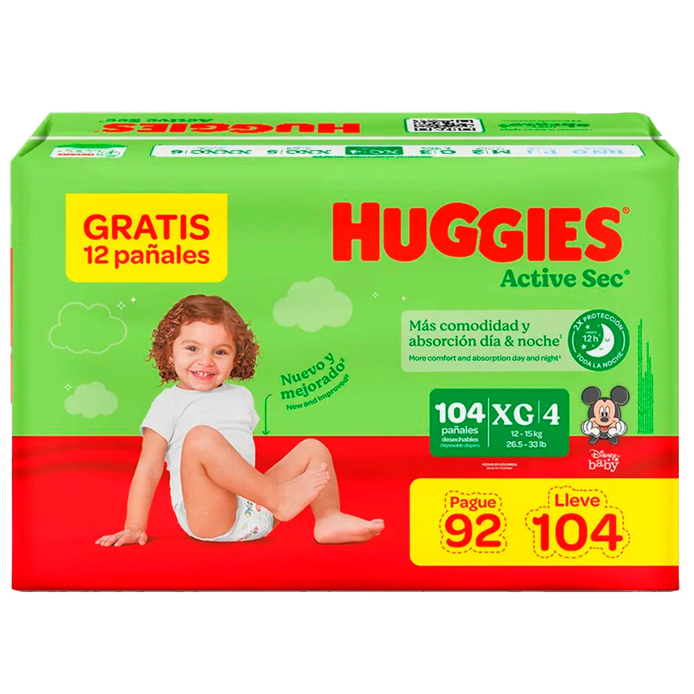 Pañales Huggies Active Sec Etapa 4/XG pague 92 lleve 104 Unds
