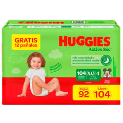 Pañales Huggies Active Sec Etapa 4/XG pague 92 lleve 104 Unds
