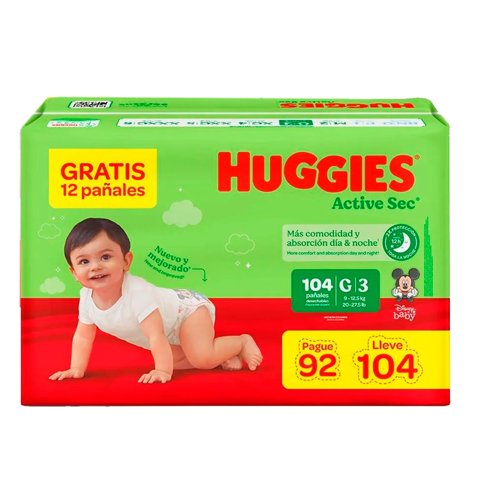 Pañales Huggies Active Sec Etapa 3/G x pague 92 lleve 104 Unds